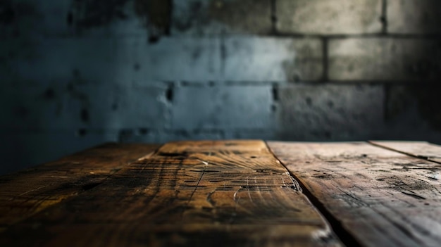 Foto vieja mesa de madera con pared de bloques de hormigón borrosa en el fondo de la habitación oscura generativo ai