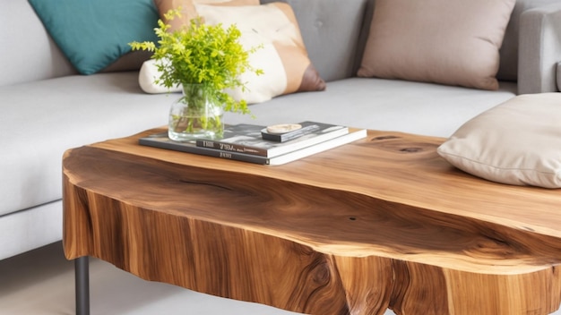 Una vieja mesa de madera tiene un jarrón con sofá