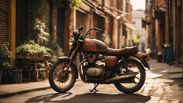 Una vieja moto oxidada estacionada en una zona soleada