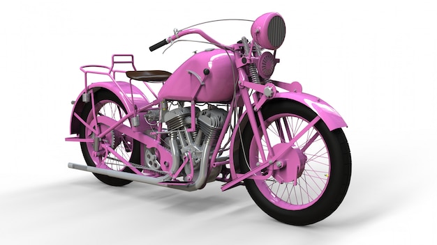 Una vieja motocicleta rosa de los años 30 del siglo XX. Una ilustración en un espacio en blanco con sombras desde un avión.