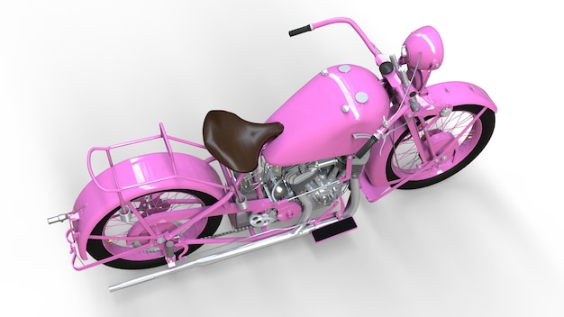 Una vieja motocicleta rosa de los años 30 del siglo XX. Una ilustración sobre un fondo blanco con sombras de un avión.