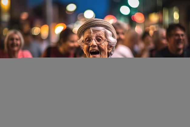La vieja mujer feliz está bailando en la fiesta de la noche generativa ai