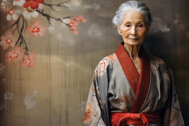 Vieja mujer japonesa en kimono viaja Generate Ai