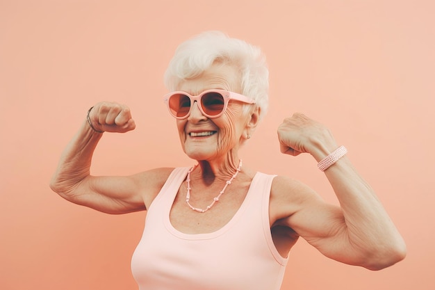 Vieja mujer positiva divertida haciendo deportes sobre fondo rosa Concepto de estilo de vida activo Ilustración generativa de IA