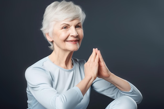 Vieja mujer positiva divertida haciendo yoga sobre fondo gris Concepto de estilo de vida activo Ilustración generativa de IA