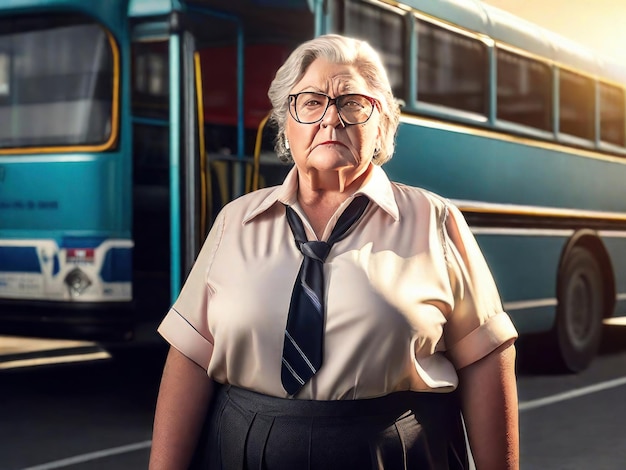 Foto vieja mujer de talla grande conductora de autobús