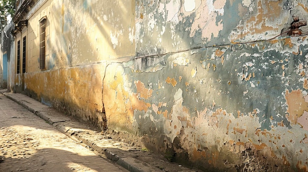 una vieja pared de cal en una calle con luz