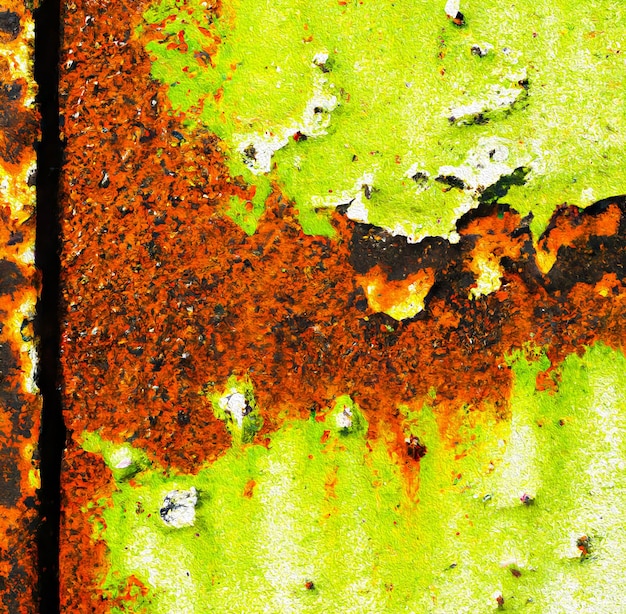 Una vieja pared oxidada con pintura verde y naranja.
