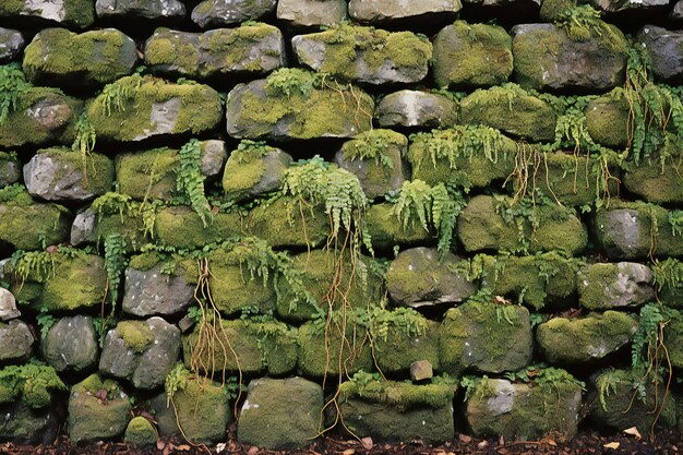 Vieja pared de piedra con musgo verde y helechos
