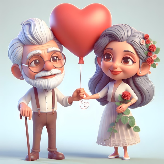 Una vieja pareja romántica sosteniendo un globo de amor cuerpo completo dibujos animados en 3D 01