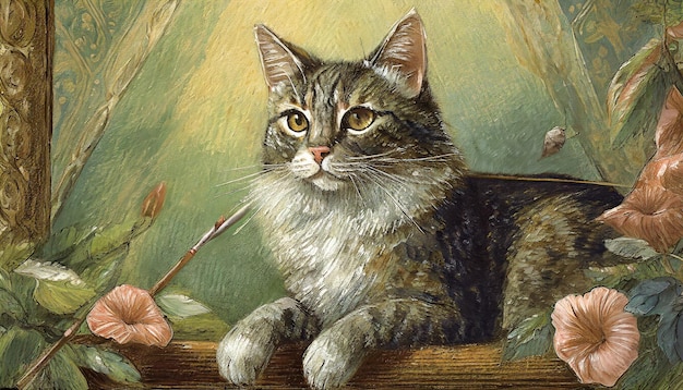 vieja pintura de grabado de gato