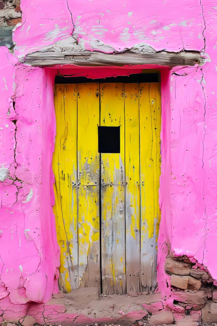 Vieja puerta de madera amarilla y desgastada ventana pared rosa fachada colorida detalle de arquitectura rústica