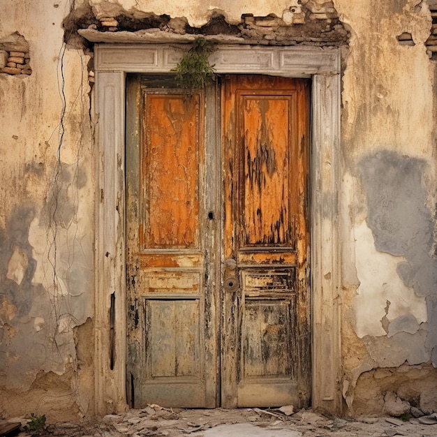 Vieja puerta de madera en una casa abandonada