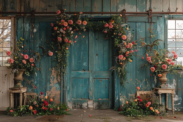 Vieja puerta de madera decorada con rosas rojas y jarrones en una casa abandonada