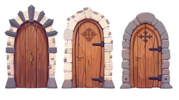 Vieja puerta vintage o entrada de la casa con textura de madera Ilustración moderna de dibujos animados conjunto de arco entrada de madera con jambas de ladrillo de piedra decoración de hierro y mango