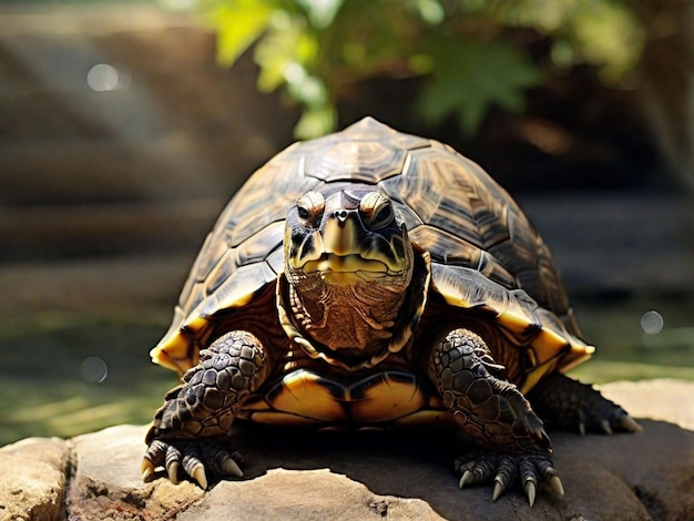 Una vieja y sabia tortuga disfrutando de la luz del sol