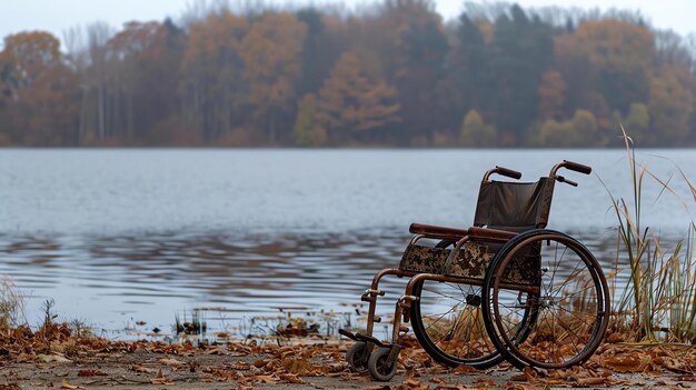 Una vieja silla de ruedas oxidada se sienta abandonada en la orilla de un lago el agua está quieta y tranquila reflejando el cielo por encima