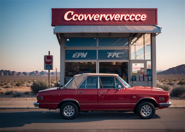 Foto una vieja tienda en las llanuras estadounidenses de la década de 1980 con coches clásicos en el frente