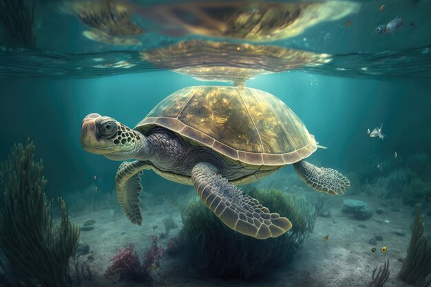 Vieja tortuga nadando en aguas cristalinas con la cabeza sobre la superficie