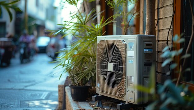 Vieja unidad de aire acondicionado en un callejón urbano rodeado de plantas Concepto de impacto ambiental eficiencia energética y vida en la ciudad