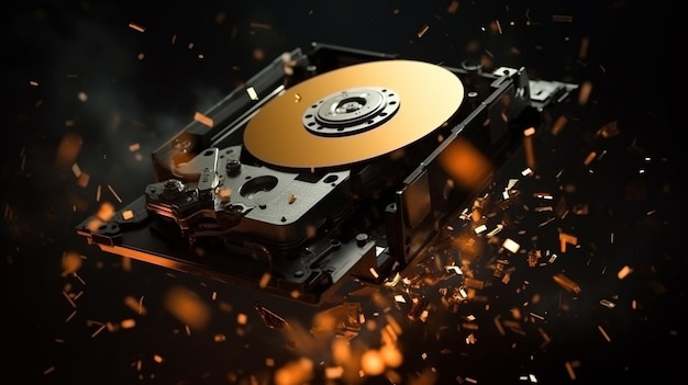 Foto la vieja unidad de disco duro se está desintegrando en el espacio concepción del paso del tiempo y la tecnología