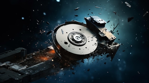 La vieja unidad de disco duro se está desintegrando en el espacio Concepción del paso del tiempo y la tecnología