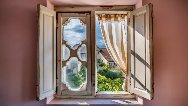 Vieja ventana blanca en una pared rosa claro