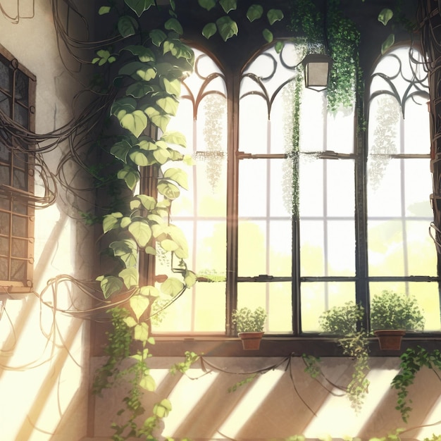 Una vieja ventana cubierta de enredaderas al estilo anime