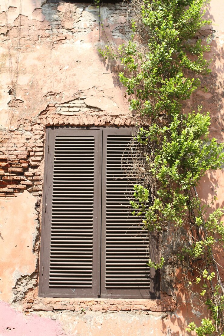 Vieja ventana de madera marrón en una pared de ladrillo agrietada con vides que se arrastran por la pared