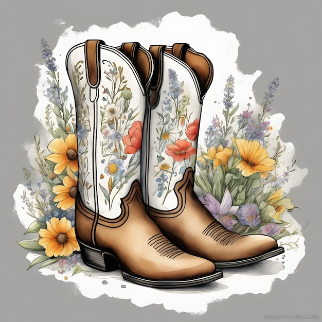 Foto viejas botas de vaquero con flores silvestres