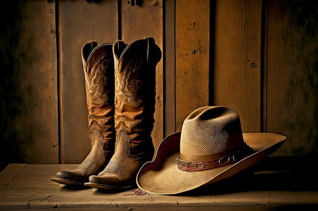 Foto viejas botas de vaquero de pie en el establo junto al sombrero