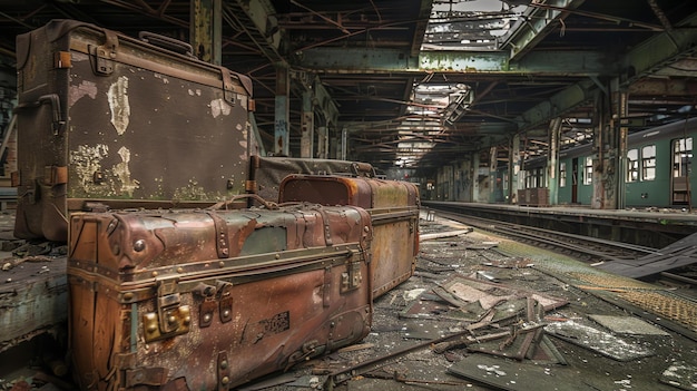 Viejas maletas abandonadas en una estación de tren en ruinas