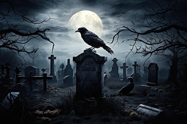 Viejas tumbas luna y cuervo en el cementerio