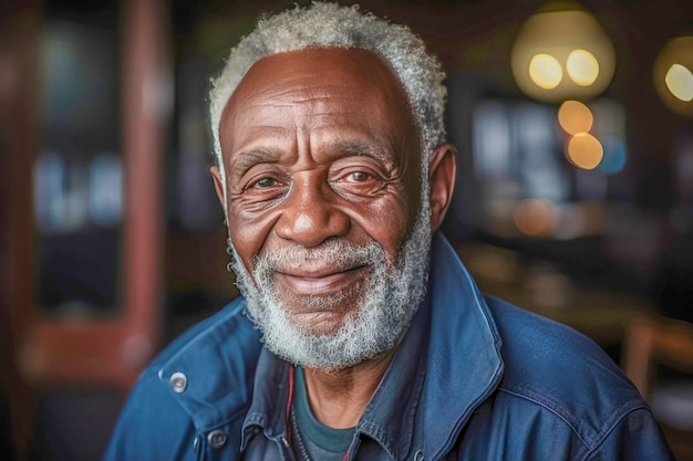 Un viejo afroamericano o negro, sano y guapo, de unos ochenta años, sonriendo y expresando calidez