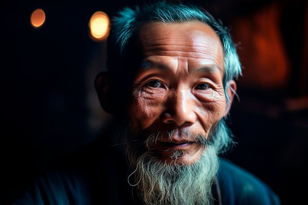 Un viejo aldeano chino sabio barbudo con ai generativo de la mirada