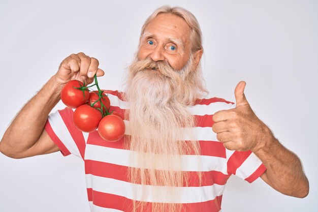 Viejo anciano con cabello gris y barba larga sosteniendo tomates maduros frescos sonriendo feliz y positivo pulgar hacia arriba haciendo excelente y signo de aprobación