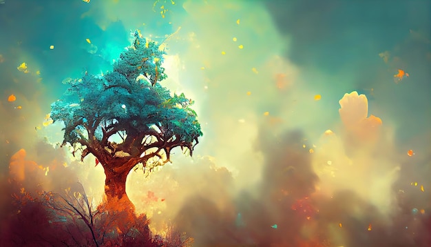 Viejo árbol mágico con raíces en el bosque Digital 3d Ilustración