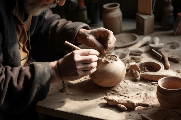 Viejo artesano alfarero artesano anciano nivelando hermosa olla de arcilla Generar IA