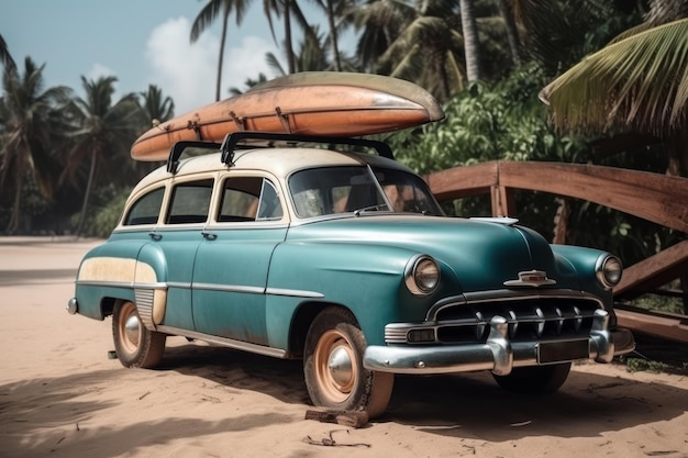 Viejo auto americano en la playa con un bote en el techo IA generativa