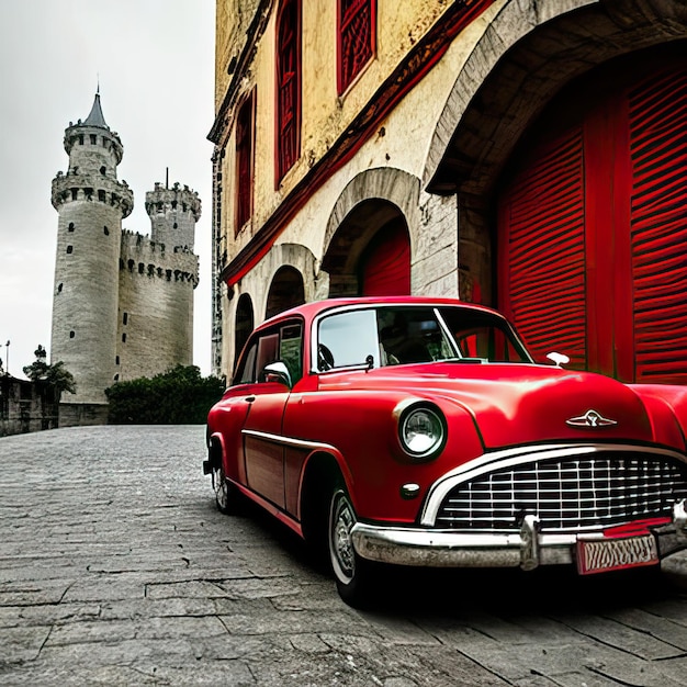 viejo auto rojo frente a una iglesia