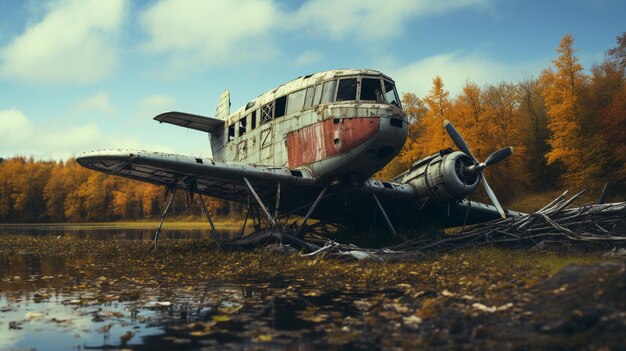 Foto viejo avión derribado en la orilla del lago