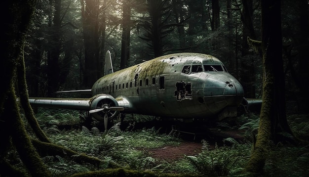 Un viejo avión está sentado en el bosque.