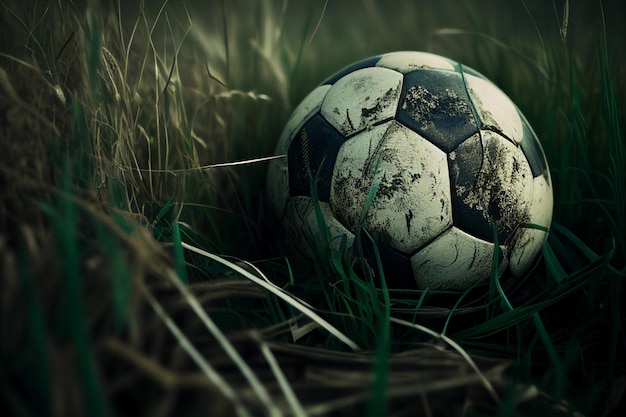 Foto viejo balón de fútbol en la hierba generado por ia