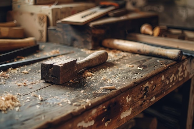 Un viejo banco de trabajo con un martillo y algunas virutas de madera