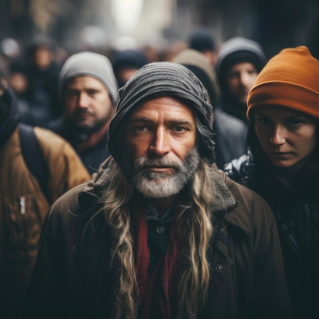 Viejo con barba mirando a una multitud de personas en invierno