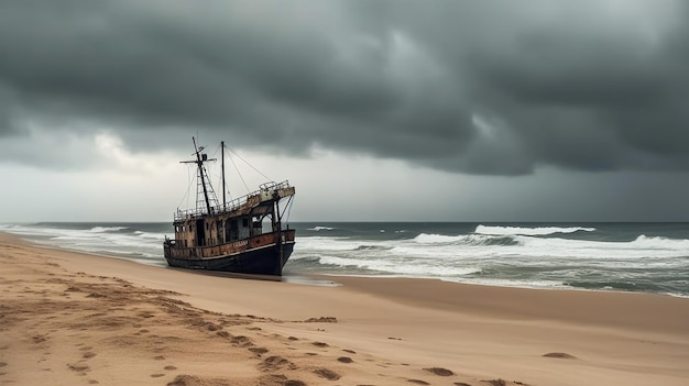 Un viejo barco abandonado a la orilla del mar Generado por IA