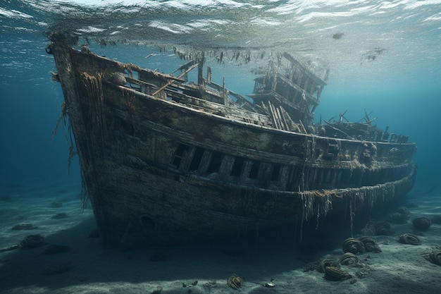 Un viejo barco está sumergido en el océano.