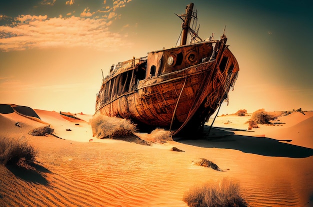 Foto viejo barco con fugas en el desierto, el barco encalló en una duna