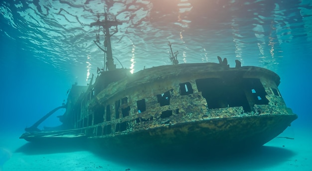 viejo barco hundido bajo el mar con buena iluminación