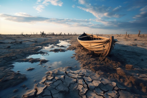 Y un viejo barco de madera en un lago seco